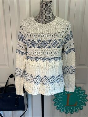 Joie Lusia Boho Chic Fringe Knit Sweater in Cream & Navy